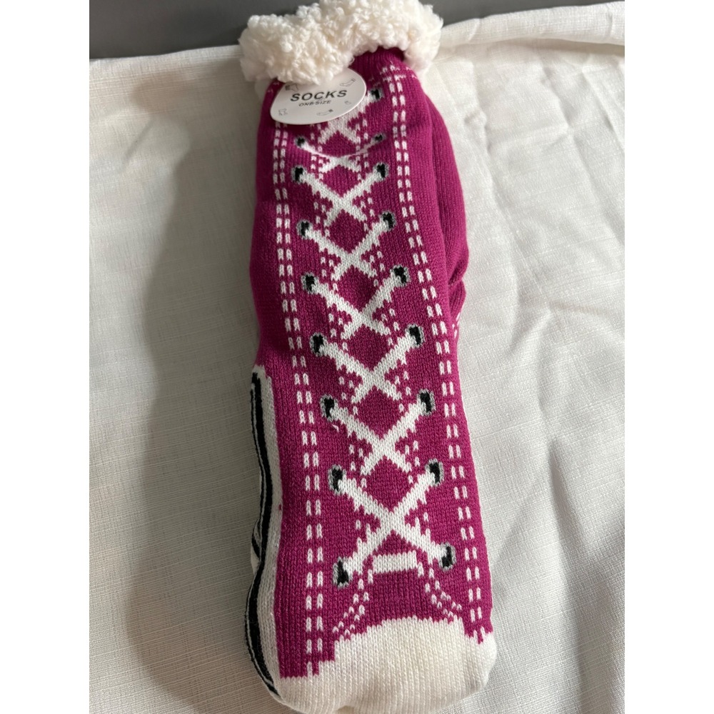 Magenta Sneaker Print Slipper Socks Faux Shearling Lined Non-Slip Grippers OS